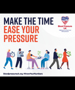 A cartoon of a woman having her blood pressure taken. Above, the text reads "Make the time to ease your pressure"