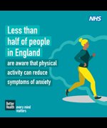 A cartoon of a woman running. The text reads "Less than half of people in England are aware that physical exercise can reduce symptoms of anxiety"