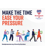 A cartoon of a woman having her blood pressure taken. Above, the text reads "Make the time to ease your pressure"