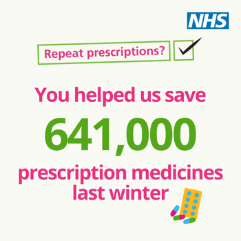 Graphic that reads: Repeat prescriptions? You helped us save 641,000 prescription medicines last winter