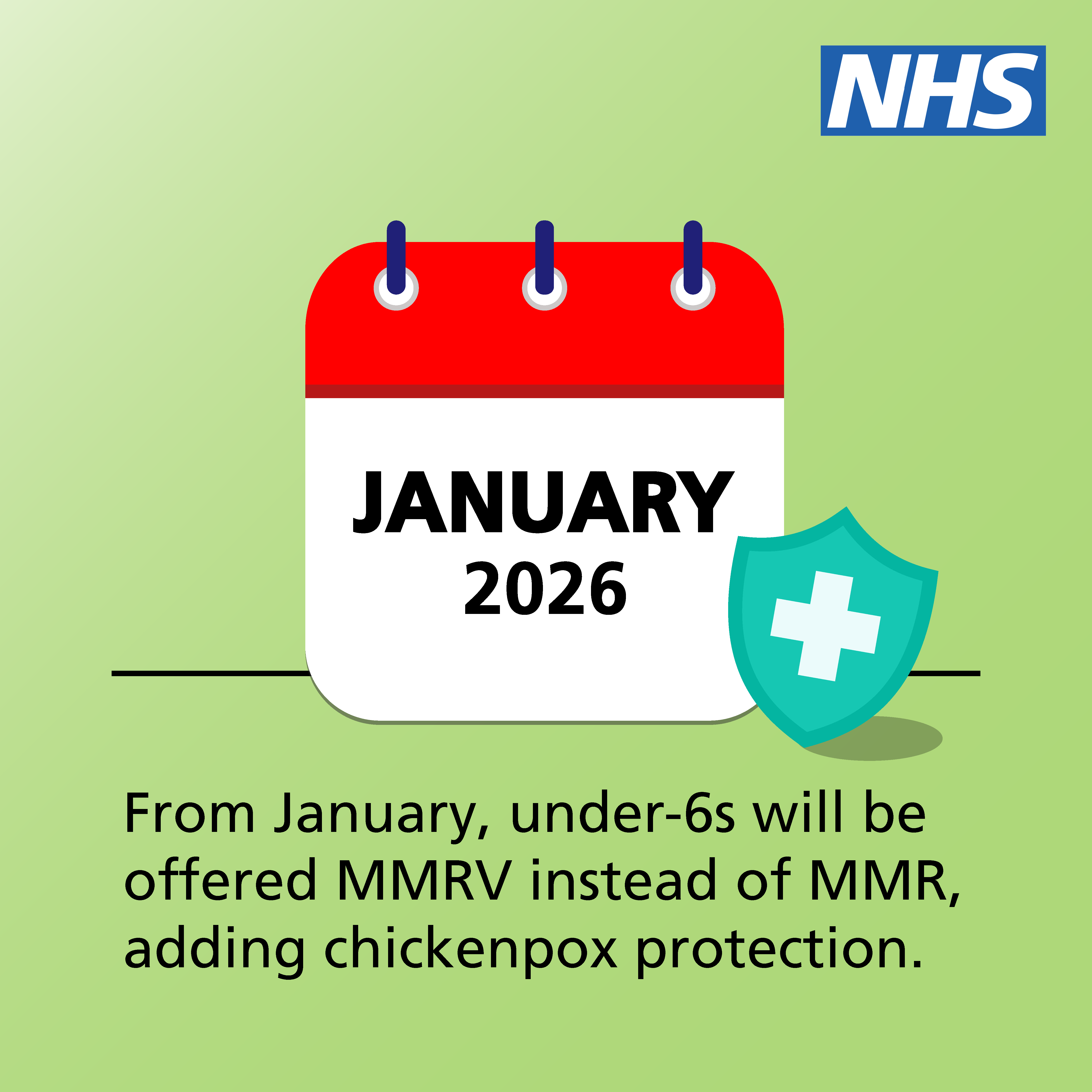 A graphic with a calendar icon against a green background. Text reads: From January, under-6s will be offered MMRV instead of MMR, adding chickenpox protection