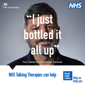 I man looking to the camera. Text reads "I just bottled it all up. NHS talking therapies can help"