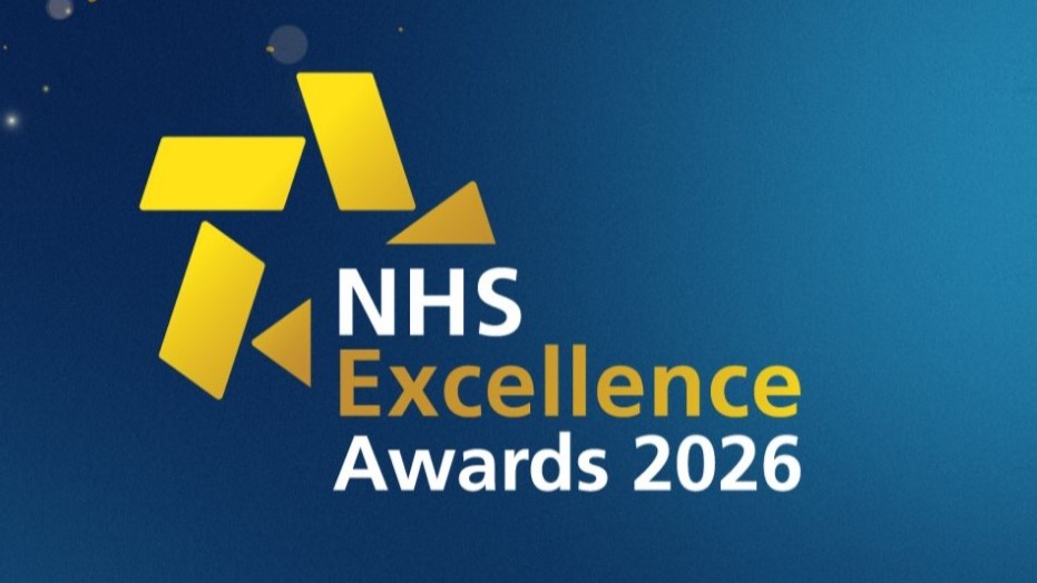 Logo for NHS Excellence Awards 2026 on a blue gradient background. Yellow geometric shapes form a star above the text.