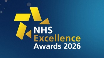 Logo for NHS Excellence Awards 2026 on a blue gradient background. Yellow geometric shapes form a star above the text.