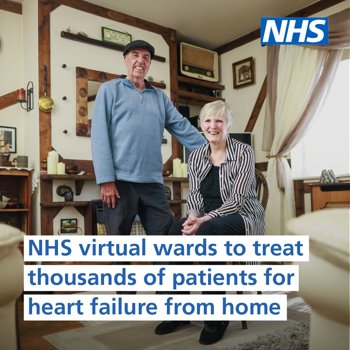 An elderly couple in their living room. The text reads "NHS virtual wards to treat thousands of patients for heart failure from home"