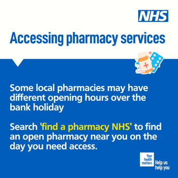Text reads "Some local pharmacies may have different opening hours over the bank holiday. Search 'find a pharmacy NHS' to find an open pharmacy near you on the day you need access"