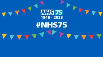 Bunting with text reading "#NHS75"