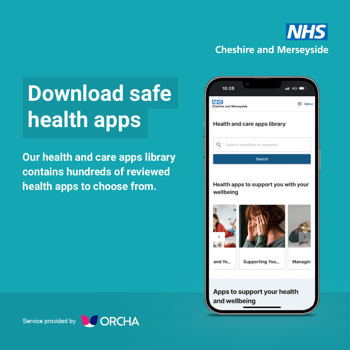 A phone showing health and care apps. Text to the left reads "Download safe health apps. Our health and care apps library contains hundreds of reviewed health apps to chose from"