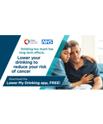 A young girl hugging an older man. Text to the left of them reads "Drinking too much has long term effects. Lower your drinking to reduce your risk of cancer. Download the Lower My Drinking App, FREE!"