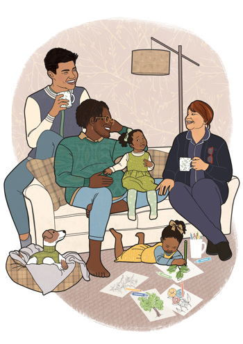 A family of two parents and two young children sat on their sofa with a nurse sat next to them with a coffee mug.