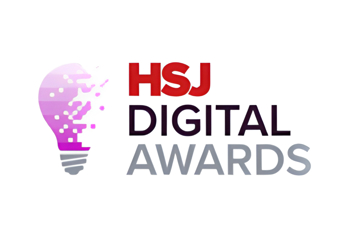 Logo for "HSJ Digital Awards" with bold red and black text. Features a stylized purple digital pixel light bulb, symbolizing innovation and technology.