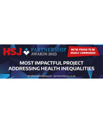 HSJ Partnership Awards 2023, Text reads "Most impactful project addressing health inequalities"