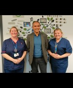 Raj Jain (centre) during the visit to the frailty virtual ward, with Julie Swift, Advanced Nurse Practitioner (left) and Lydia Vallance-Prentice, Clinical Nurse Lead (right)