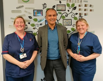 Raj Jain (centre) during the visit to the frailty virtual ward, with Julie Swift, Advanced Nurse Practitioner (left) and Lydia Vallance-Prentice, Clinical Nurse Lead (right)