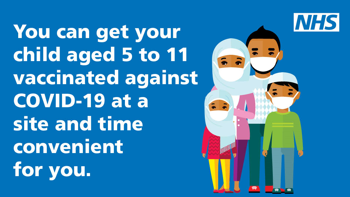 A family of four stood with face masks covering their mouths. Text reads "You ca get your child aged 5 to 11 vaccinated against Covid-19 at a site and time convenient for you"