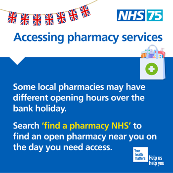 Text reads "Some local pharmacies may have different opening hours over the bank holiday. Search 'find a pharmacy NHS' to find an open pharmacy near you on the day you need access"